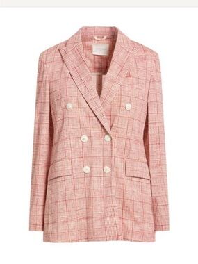 Circolo 1901 Cotton Double Breasted Plaid/Check Pink Blazer 6